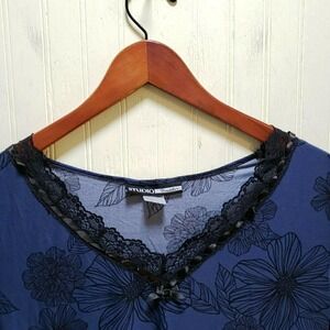 Studio Donatella Pajama Top Womens M Blue Floral Lace V Neck Babydoll Sleepwear